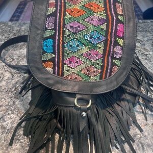 Colorful Mexican-Embroidered Fringe Backpack, Genuine Leather
